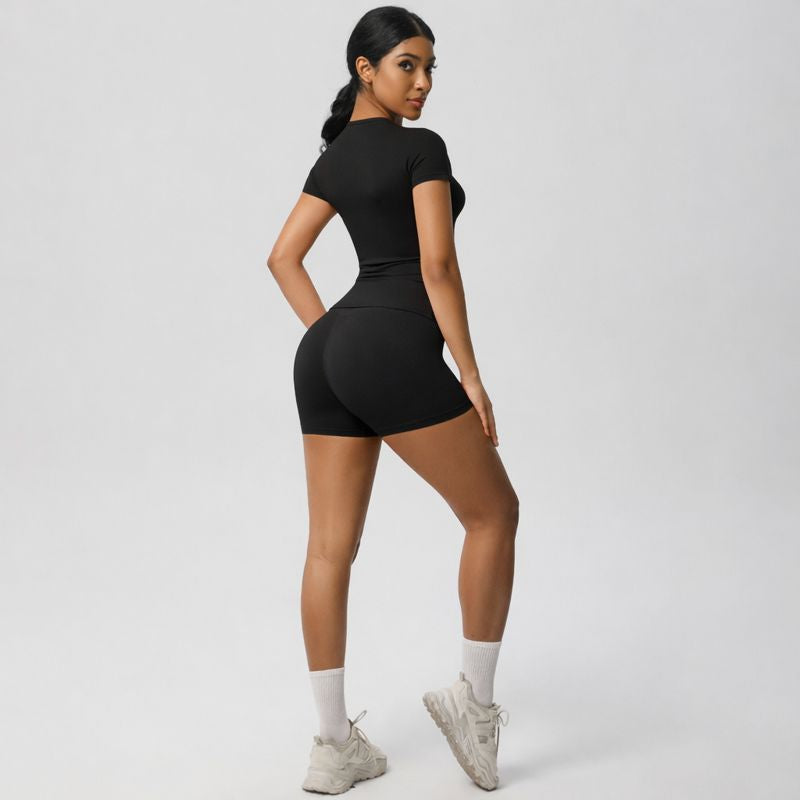 Women's Power Activewear Set - High-Waist Gym Shorts & Short Sleeve Top