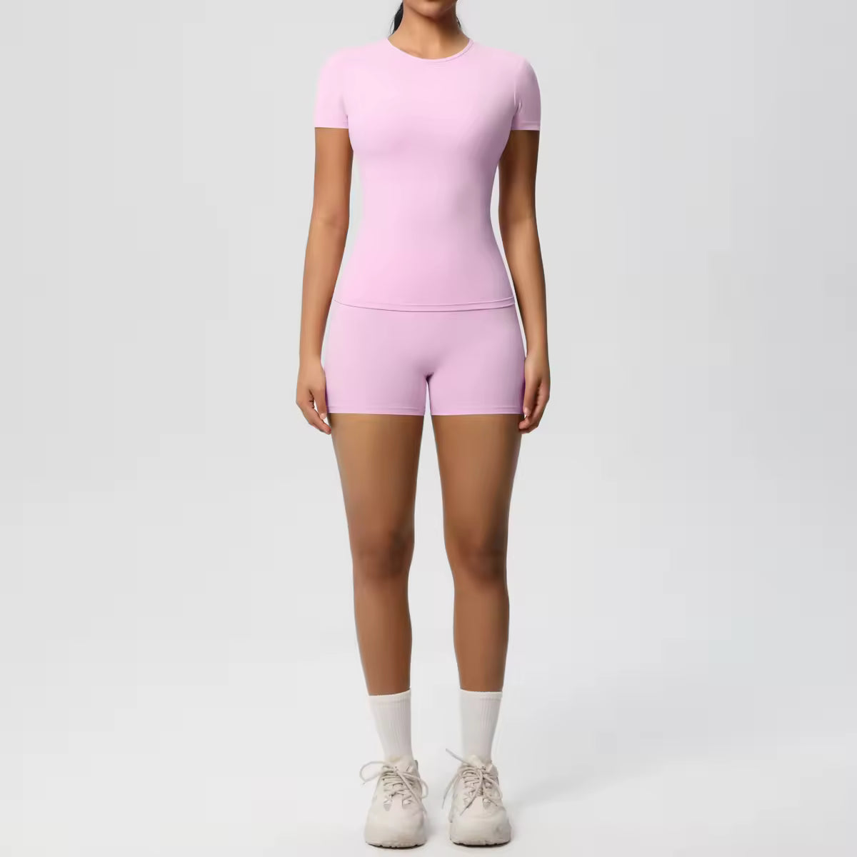 Women's Power Activewear Set - High-Waist Gym Shorts & Short Sleeve Top