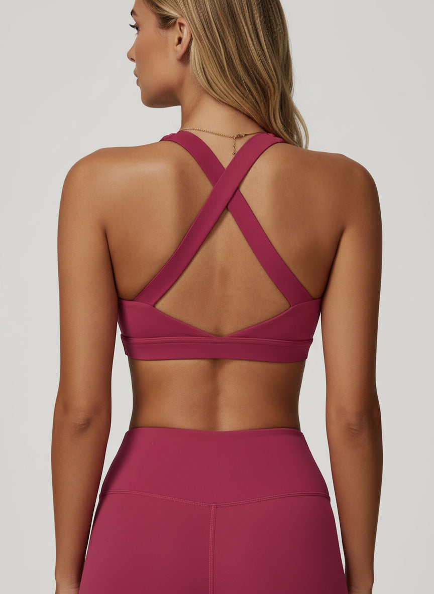 Cloud-Soft Fitted Yoga Tank Top Sports Bra - Pink Cross-Back View